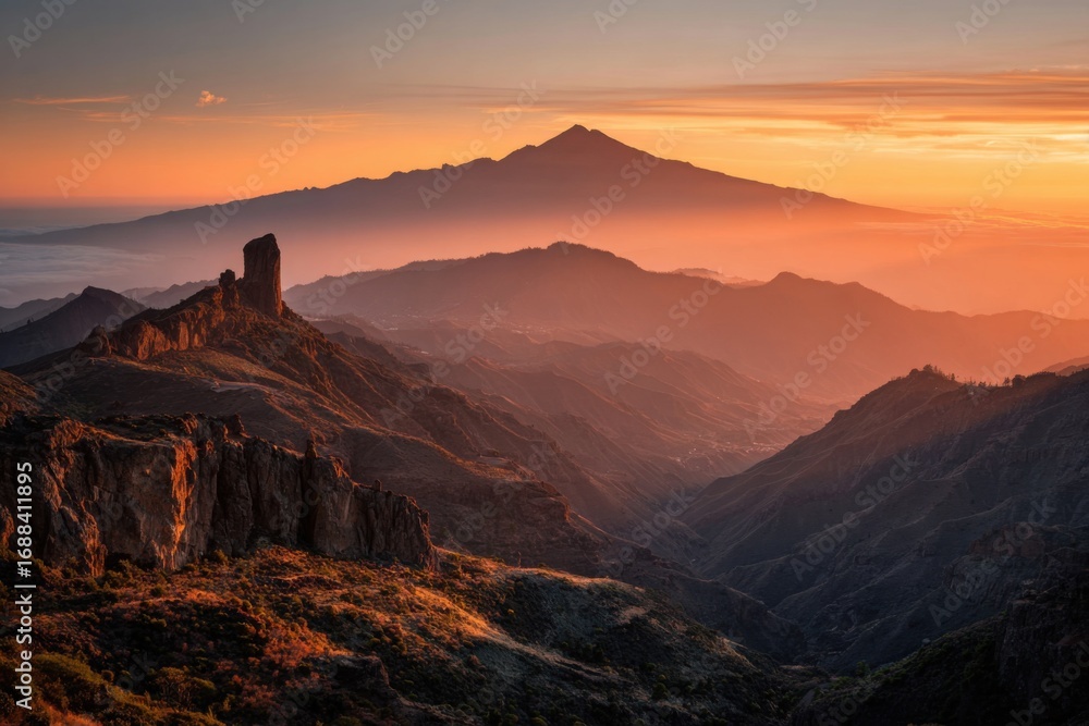 Naklejka premium Majestic mountain vista at sunrise. Golden hues paint a valley, with a volcanic peak in the distance. Rocky terrain and a solitary rock formation are foreground elements