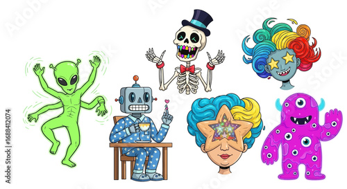 Whimsical characters including alien, robot, skeleton, and monsters create fun, imaginative scenes for creative projects.