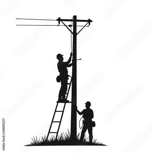 Two linemen working on a utility pole with a ladder