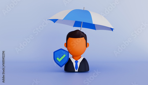 Account profile with shield and correct check mark under umbrella 3d illustration