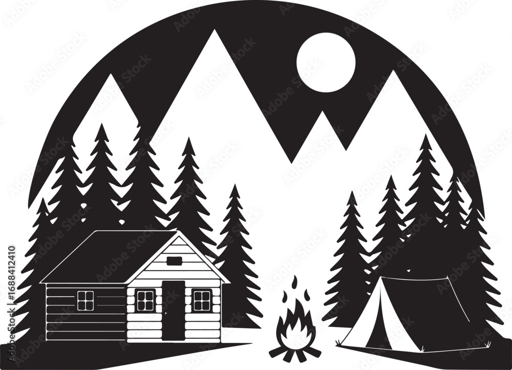 Fototapeta premium Scenic Camping Scene Silhouette with Cabin, Tent, Mountains, and Forest Landscape