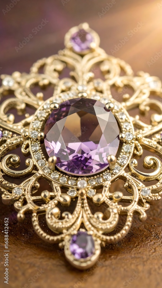 Fototapeta premium Ornate amethyst pendant, gold filigree