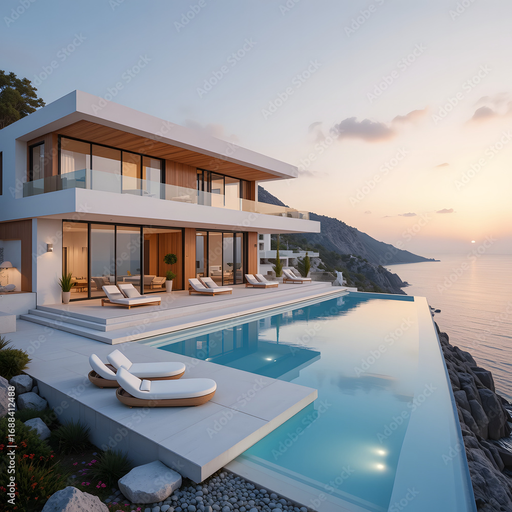 Fototapeta premium Spectacular modern luxury villa with an infinity pool perched on a cliff overlooking the ocean at sunset.