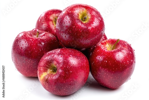 A cluster of five vibrant, red apples, glistening with water droplets, rests on a stark white background