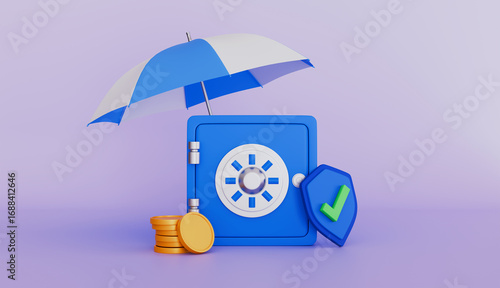 Financial security deposit box with coins and shield under umbrella 3d illustrating