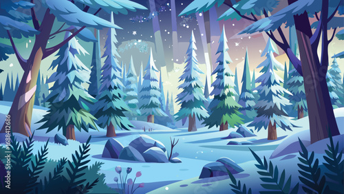 A vibrant tropical underwater world of coral reefs and colorful fish, decorated like a snowy Christmas tree forest
