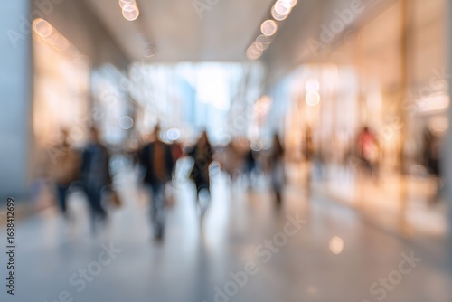 Blurred image of people walking in an indoor corridor with bright light creating a bokeh effect