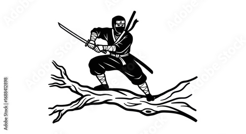 Black and White Ninja Warrior with Katana Sword on Log.