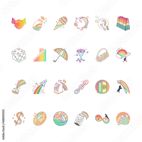Vibrant Collection of Whimsical, Colorful Icons and Elements, Playful Assortment of Graphic Designs with Dreamy and Abstract Concepts