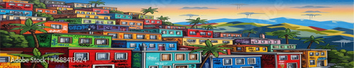 Colorful hillside village with vibrant buildings and lush greenery under a bright sky.