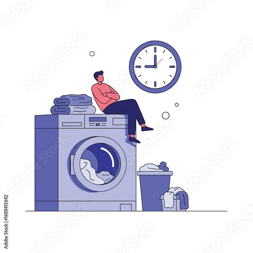 Man patiently waiting for laundry completion near the washing machine and clock overhead