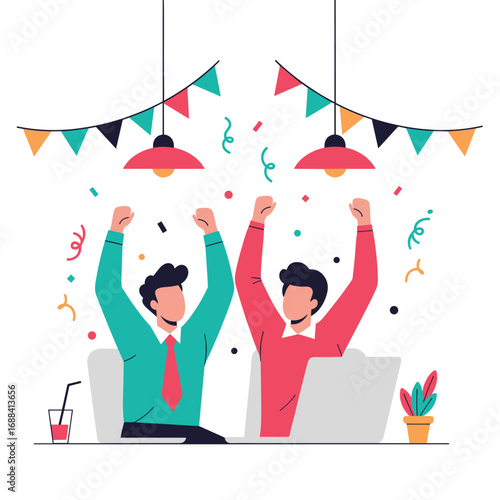 Two excited people celebrating success with raised arms and confetti falling down