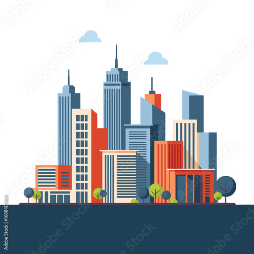 Modern cityscape with tall buildings trees and clouds on white background