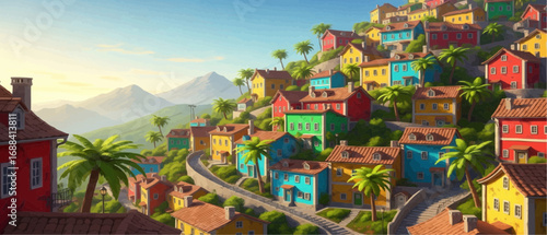 A vibrant, colorful village of houses built on a lush tropical hillside under a sunny sky.