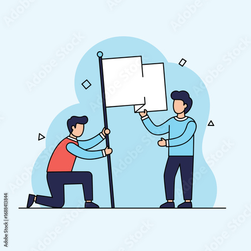 Two people working together to plant a flag representing success and teamwork