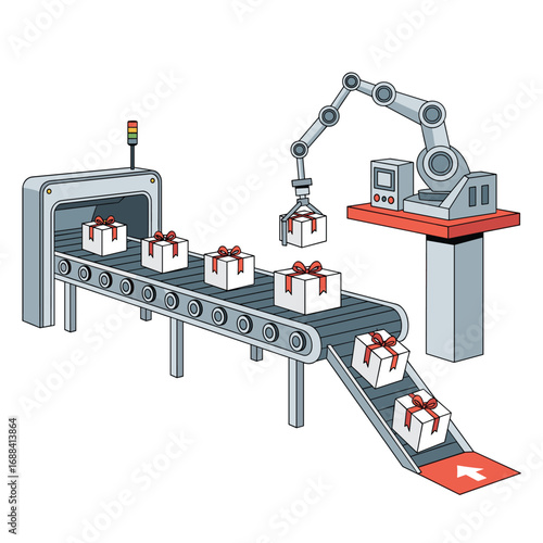 Automated conveyor system assembling gift boxes with robotic arm