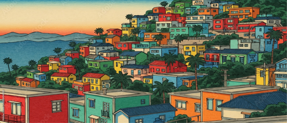 Naklejka premium Colorful hillside houses with various colors and rooftops, a view of a city.