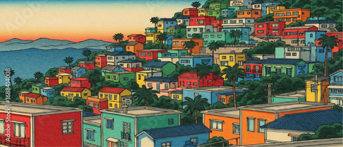 Colorful hillside houses with various colors and rooftops, a view of a city.