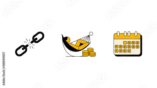 Broken Chain Link, Hammock, Coins, Calendar Financial Freedom, Retirement Planning, Time Management Concept Illustration