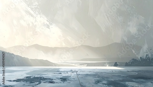 Ethereal light bathes majestic mountain range over serene, icy landscape