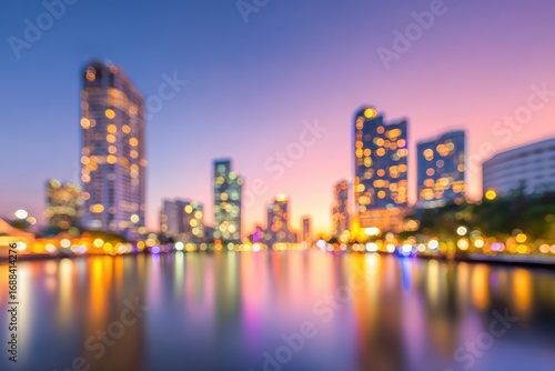 Blurry cityscape at dusk with building lights reflecting in the water, set against a soft purple-pink sky, evokes a serene and dreamy atmosphere