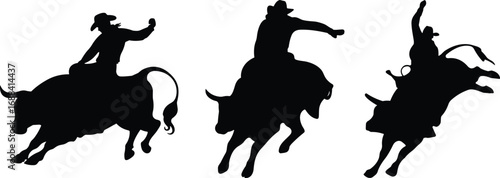 Bull riding silhouette, cowboy rodeo action, black vector icon, western sport, dynamic pose, bravery, livestock, competition, ranch