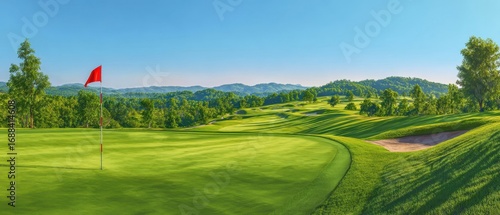 The Golf Course Green with Red Flag and Rolling Hills in Morning Light