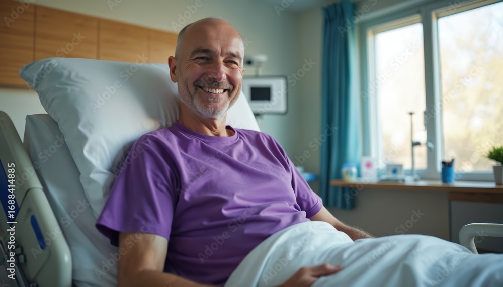 Fototapeta premium Middle-aged bald man in purple t-shirt smiles from hospital bed. Successful cancer treatment, chemotherapy recovery. Medical concept of patient survivor undergoing therapy, showing hope.