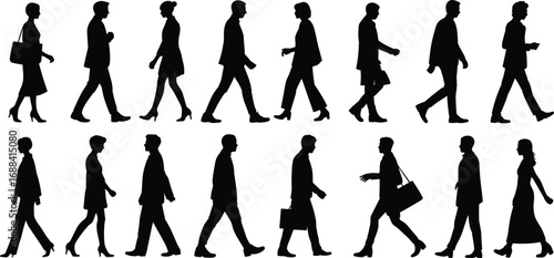 Business people walking in silhouette, professional men and women, vector illustration, urban crowd, office workers, corporate team movement