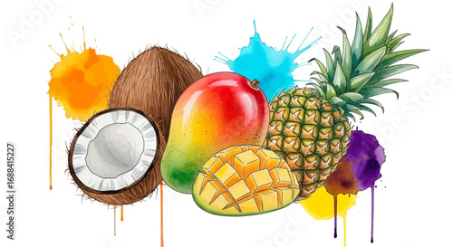 Vibrant tropical fruits mango pineapple coconut burst with colorful watercolor splashes creating a refreshing summer vibe