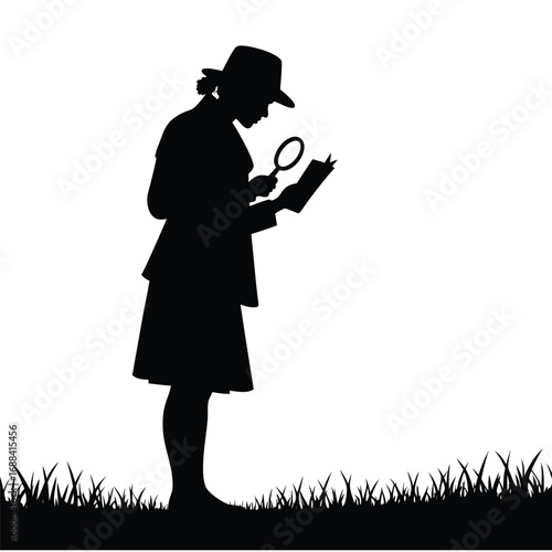 Woman in hat examining document with magnifying glass in grass