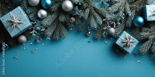 Christmas decoration featuring blue ornaments and wrapped gifts on a turquoise background