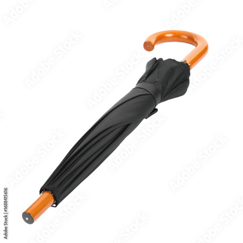 Closed black umbrella with a curved wooden handle and a strap securing the fabric tightly around the frame