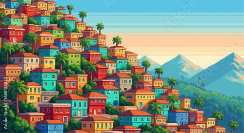 A vibrant and colorful hillside village with densely packed houses, palm trees, and distant mountains under a soft sky.