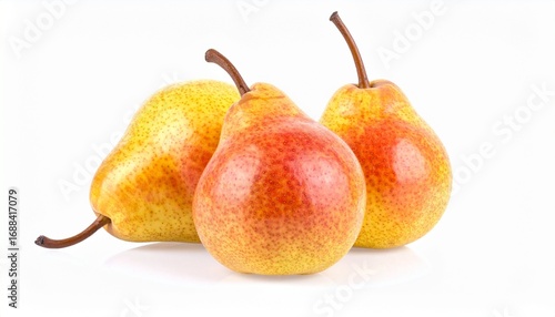 Three pears including two whole and one sliced vertically showing seeds and creamy interior against white background for culinary educational and natural product visuals