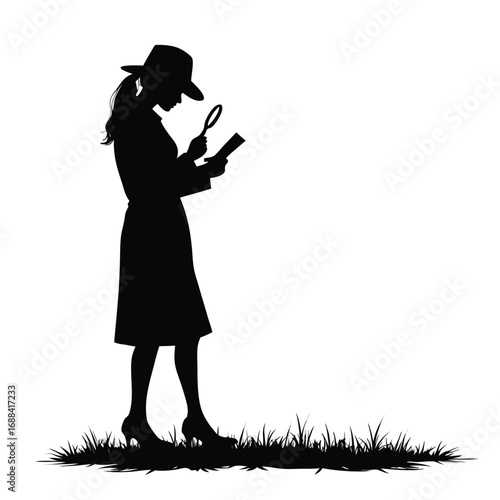 Woman in hat with magnifying glass examining document
