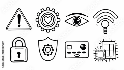 Collection of black and white line art icons featuring security, technology, and warning symbols drawn style on transparent background silhouette