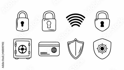 Collection of security icons including padlocks, wifi, shields, safe and credit card in black outline on transparent background silhouette