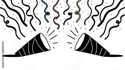 Two party poppers exploding with confetti and streamers in a celebratory illustration style image on transparent background silhouette
