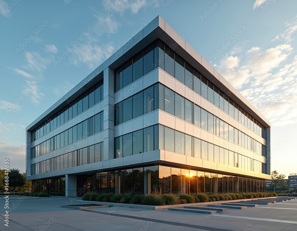 Obraz premium Modern office building exterior features expansive glass windows reflecting clear daytime sky. Building grey concrete structure with contemporary angular design, commercial property development,