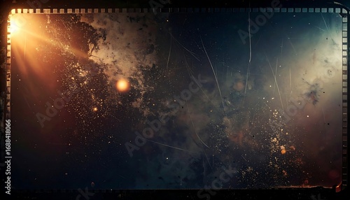 Warm golden light beams through dusty, scratched vintage film grain creating a dramatic, cinematic atmosphere