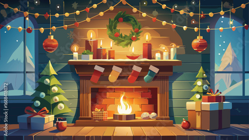 A cozy holiday room with a Christmas tree decorated with ornaments and candles, presents, and a fireplace with a blazing fire