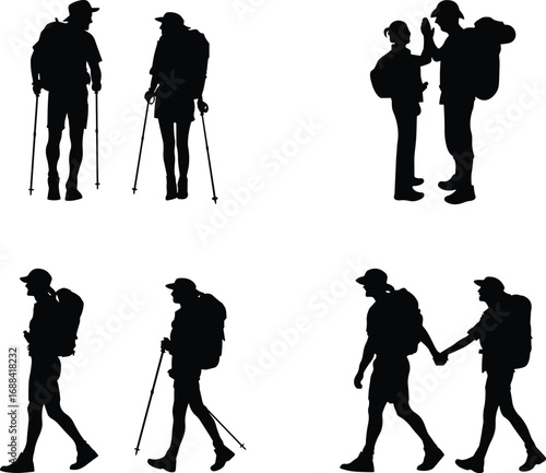 Hiker silhouettes, trekking icons, black figures, outdoor activity, backpack, walking poles, hiking couple, adventure, nature, travel, fitness