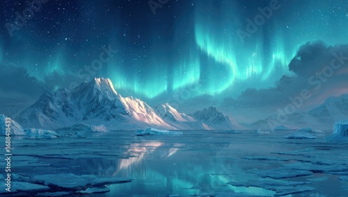 Vast arctic landscape under vibrant aurora borealis
