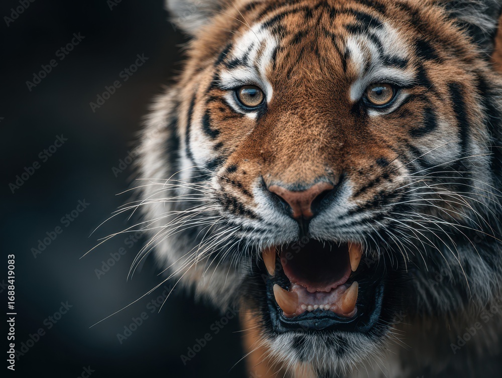 Naklejka premium Majestic tiger showcasing its power in a striking close-up during twilight hours