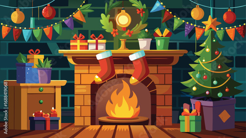 A festive Christmas fireplace decorated with a tree, lights, and presents in a cozy living room