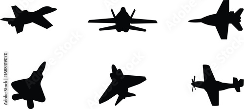 Military aircraft silhouettes in black, jet fighter shapes, aviation icons, top and side views, isolated on white