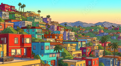 Colorful hillside neighborhood with various houses and trees.