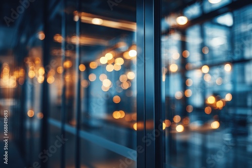 Abstract office hallway view through glass panels. Blue tint and soft bokeh lights create a dreamy, professional, and slightly blurred modern ambiance