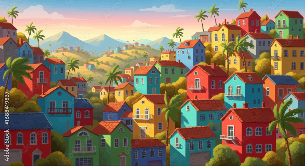 Naklejka premium Colorful hillside town with vibrant houses and palm trees, a picturesque landscape painting.